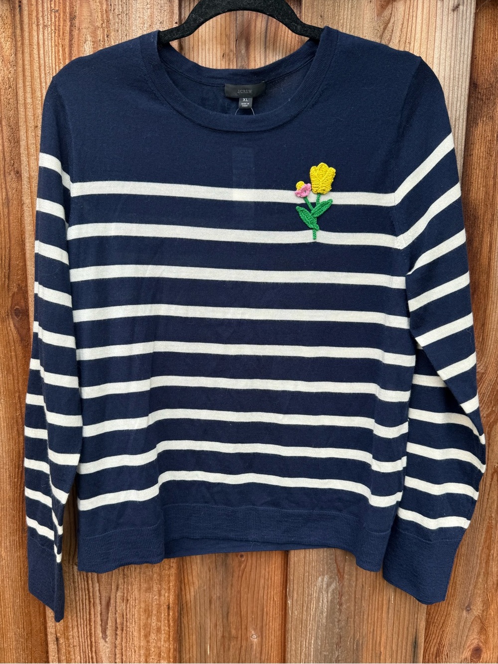 J. Crew Navy and White Striped Crewneck Sweater with Embroidered Yellow Flower